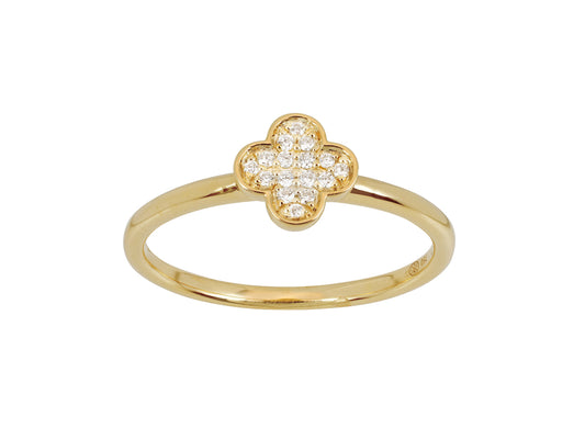 Bague trèfle à 4 feuilles en or jaune 18 carats sertie de diamants naturels, vue de face sur fond blanc.