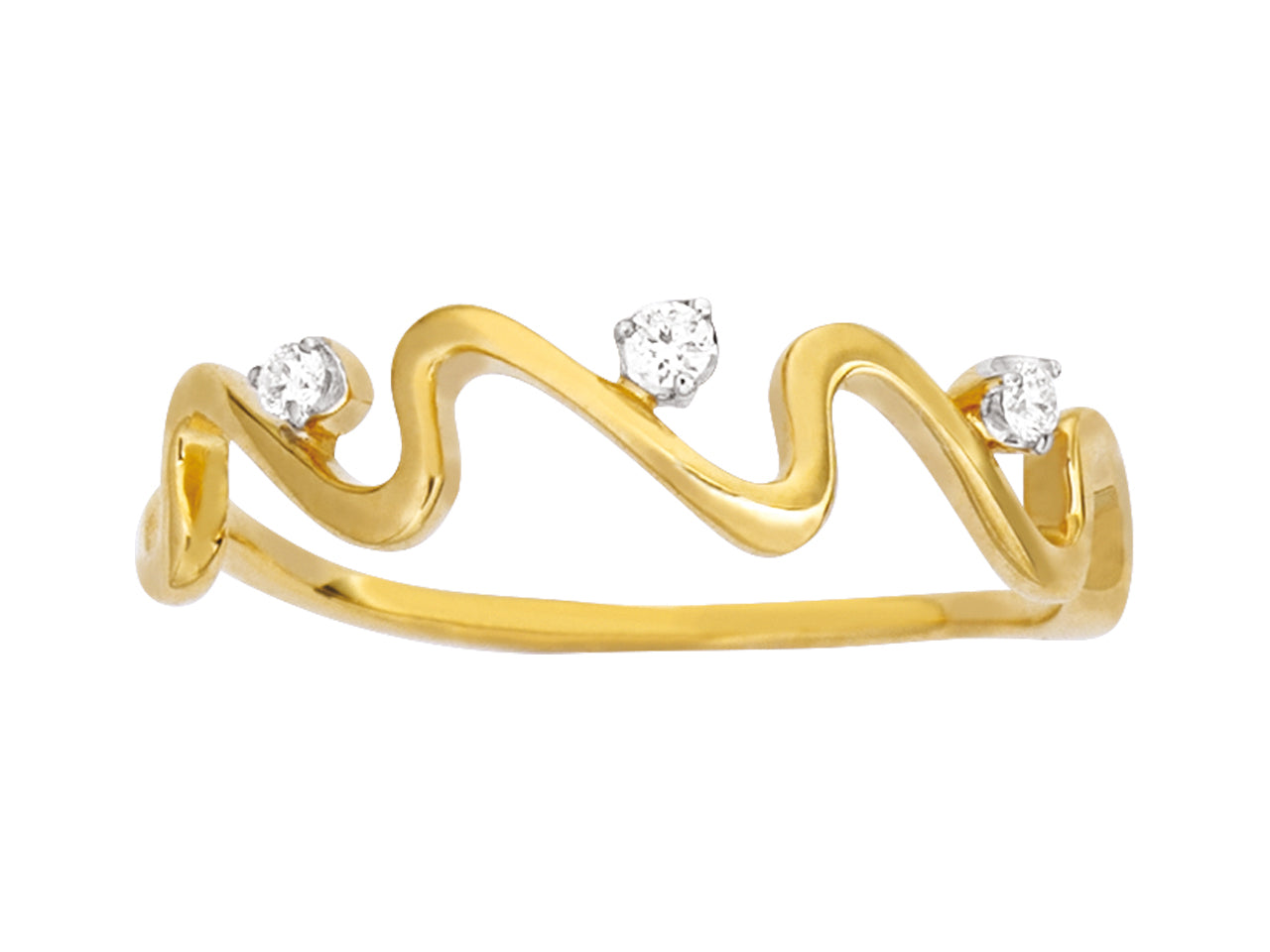 Bague en forme de vague en or jaune 18 carats sertie de trois diamants naturels, design contemporain et minimaliste.