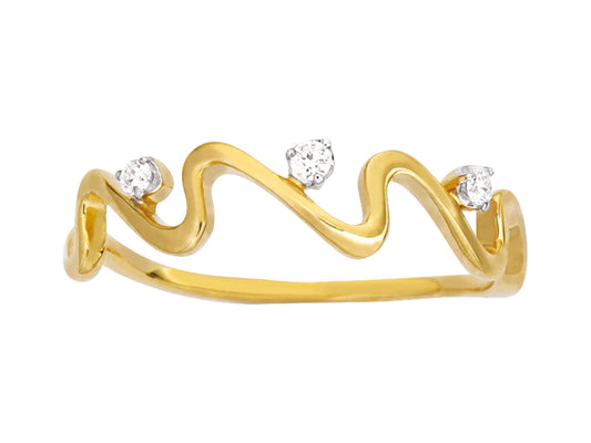Bague en forme de vague en or jaune 18 carats sertie de trois diamants naturels, design contemporain et minimaliste.