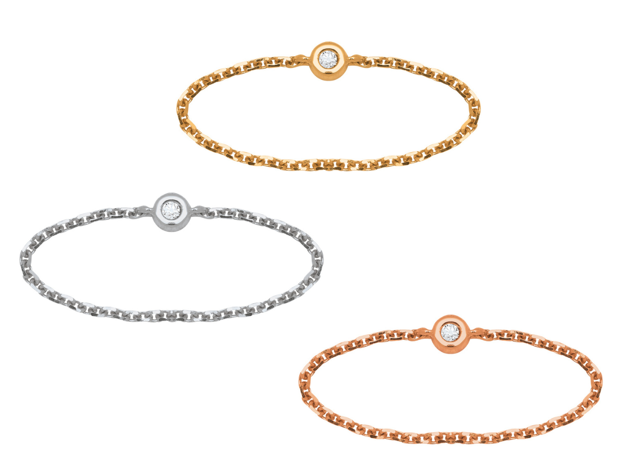 Collection de bagues chaînes en or 18 carats (jaune, rose et gris) serties d'un diamant de 0,03 carat.