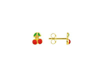 Puces d'oreilles enfant en forme de cerise en or 18 carats et émail rouge