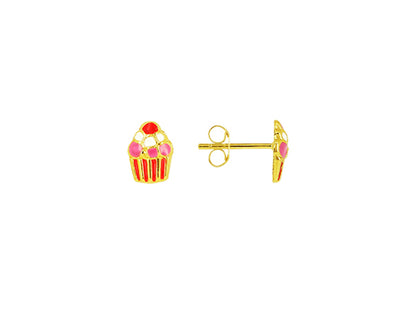 Boucles d'oreilles fille motif cupcake en or 18k et émail rouge, rose et blanc