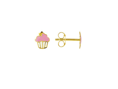 Boucles d'oreilles fille motif cupcake en or 18k et émail rose.