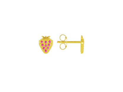 Boucles d'oreilles enfant fraise en or jaune 18k avec zircons roses.