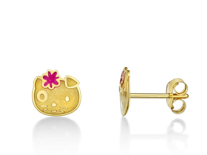 Boucles d'oreilles fille Hello Kitty en or 18k et émail rose.
