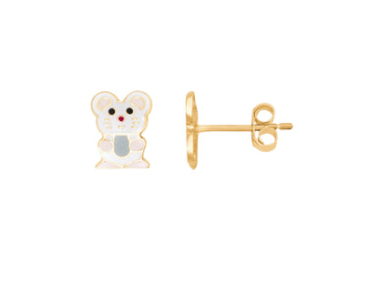 Boucles d'oreilles or bébé motif souris en or 18 carats.
