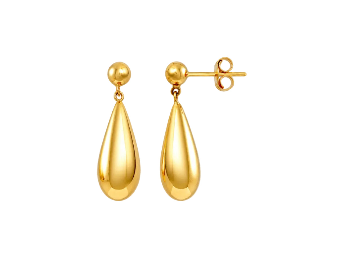 Paire de boucles d'oreilles pendantes en or jaune 18 carats avec motif goutte d'eau lisse et polie miroir.