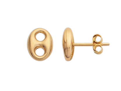 Boucles d'oreilles grain de café or 18 carats avec fermoir poussette sécurisé, vue de face et profil.