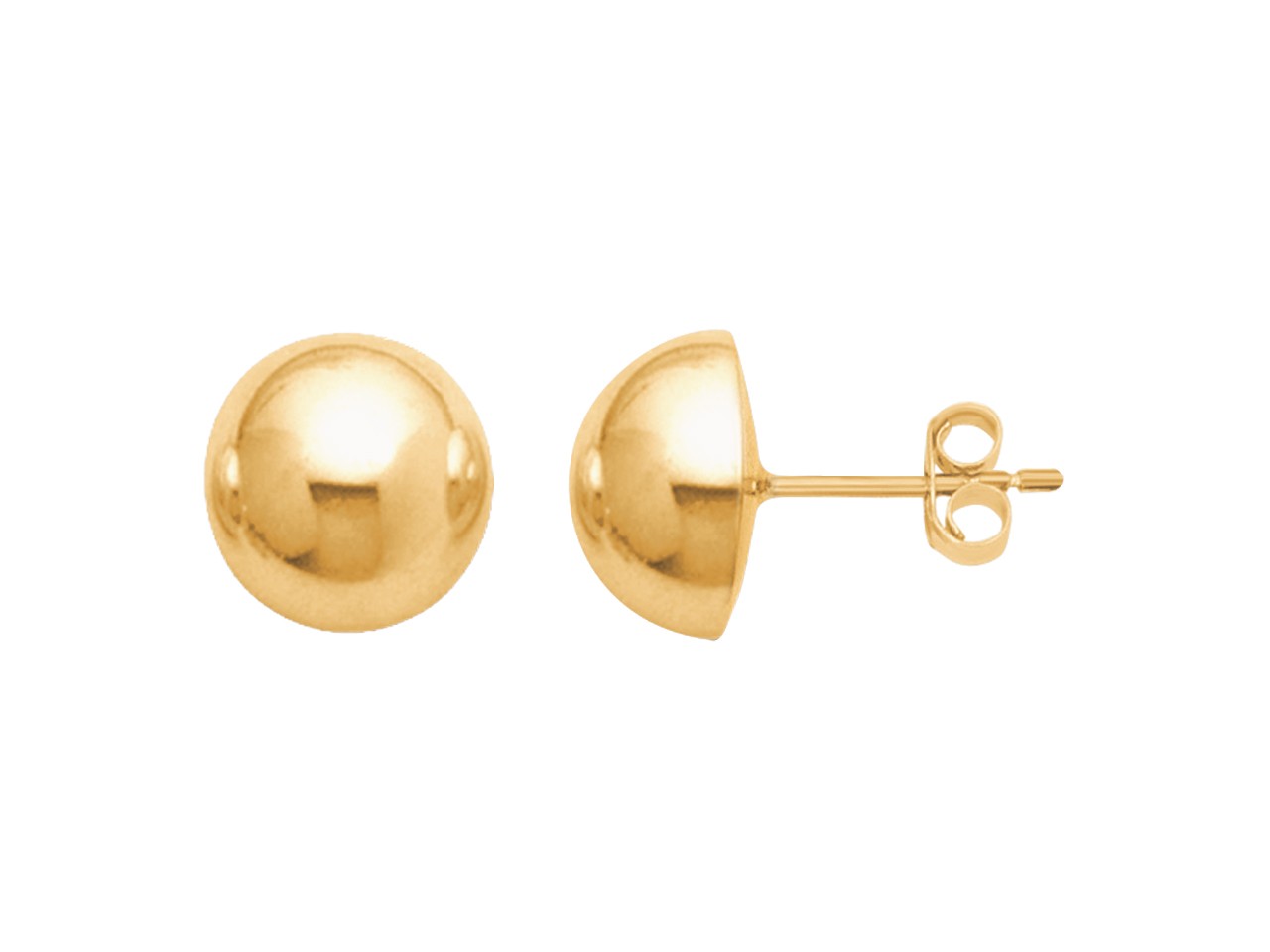 Paire de puces d'oreille demi-boule 9mm en or jaune 18 carats, vue de face et de profil sur fond blanc.
