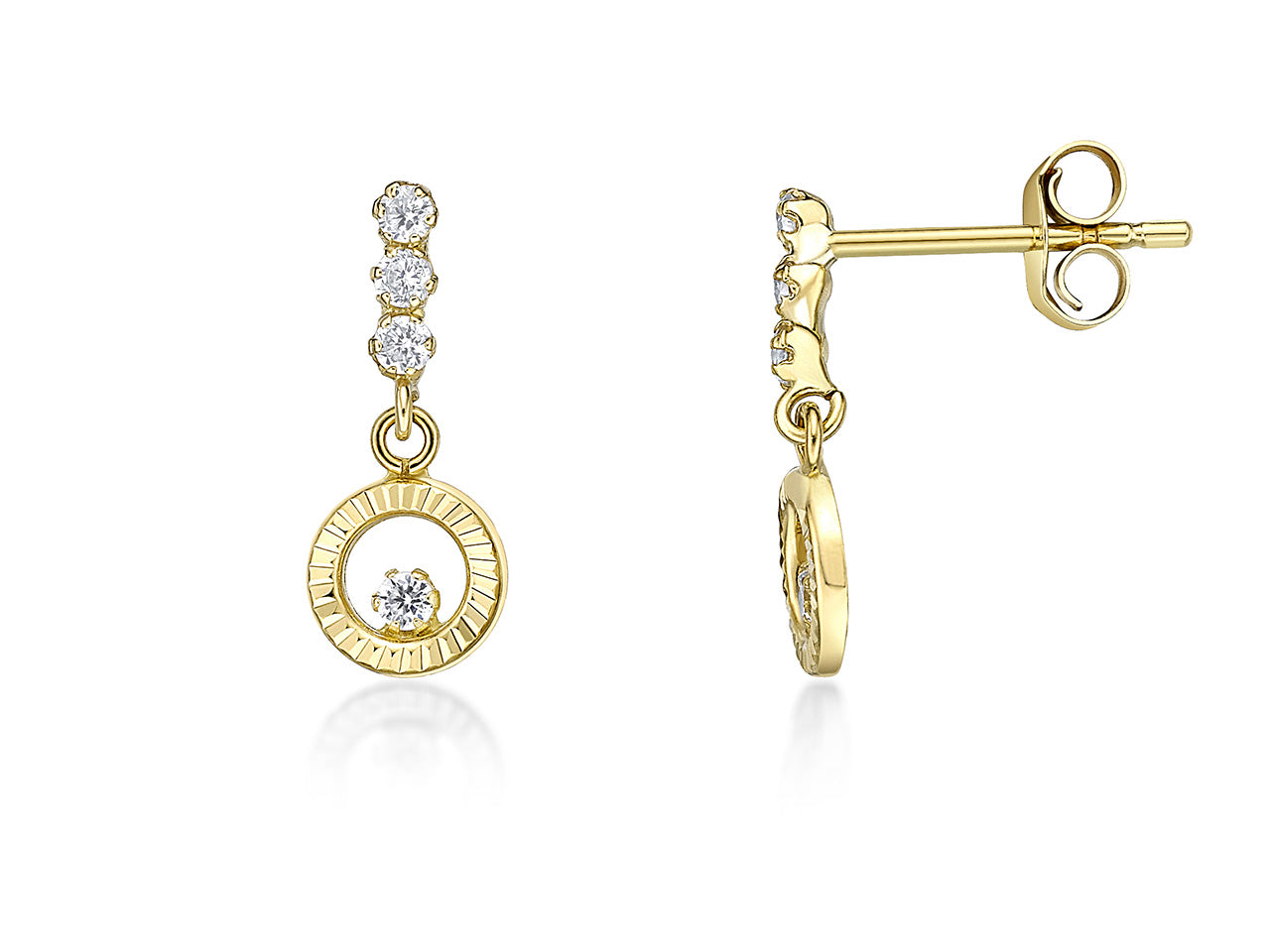 Boucles d'oreilles pendantes femme en or jaune 18 carats avec cercle ciselé et zirconium