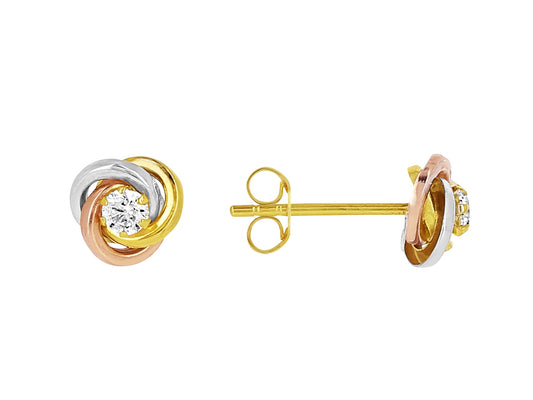Boucles d'oreilles 3 ors 18 carats en or jaune, or rouge et or gris avec motif nœud de 6 mm et oxyde de zirconium.