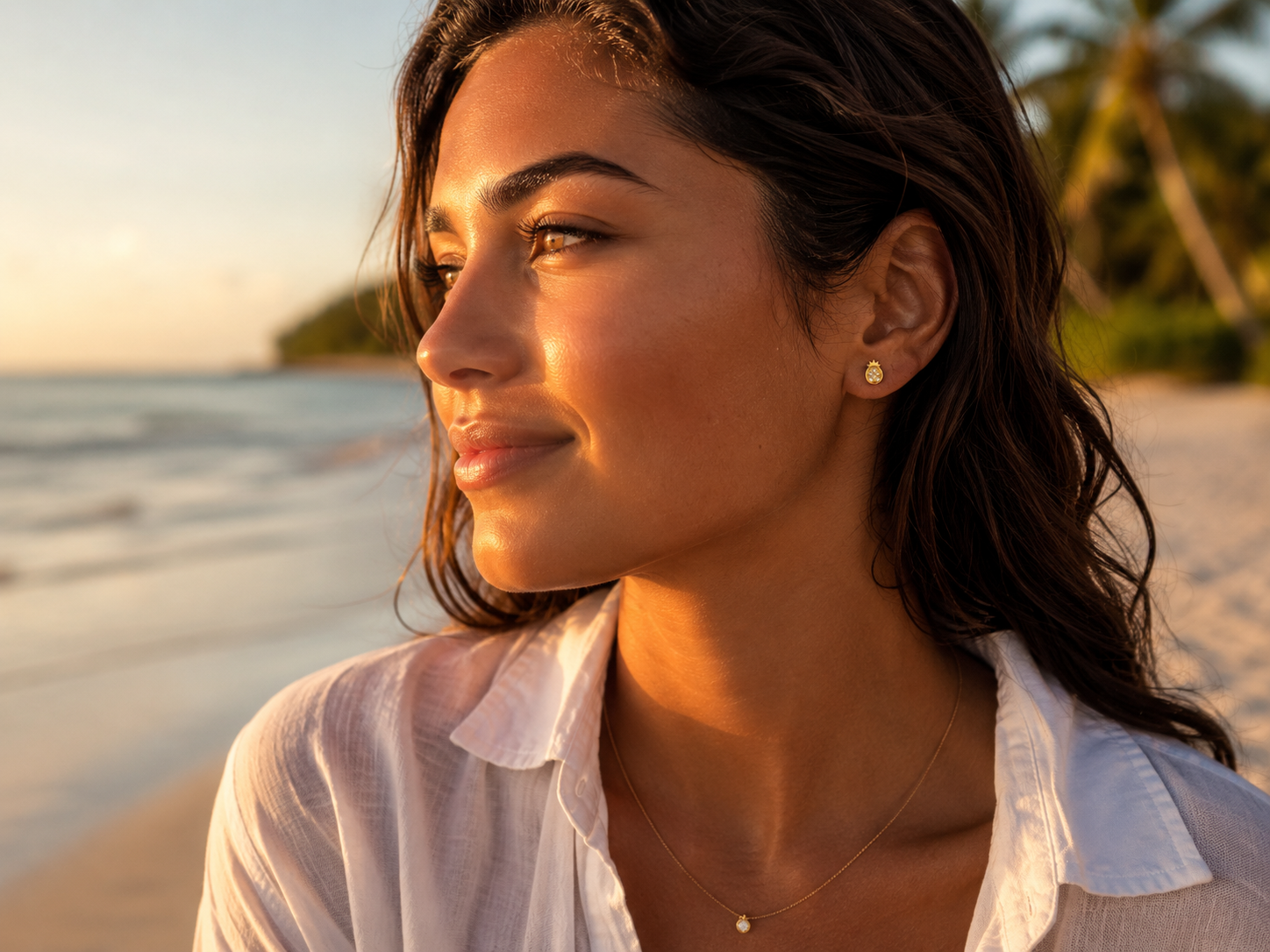 Boucles d'oreilles ananas en or 18 carats portées par une femme à la plage de profil.