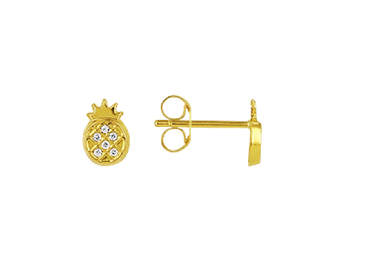 Puces d'oreilles ananas en or jaune 18 carats de 6 mm serties d'oxydes de zirconium avec fermoirs poussettes.