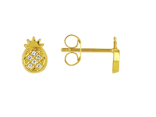 Puces d'oreilles ananas en or jaune 18 carats de 6 mm serties d'oxydes de zirconium avec fermoirs poussettes.