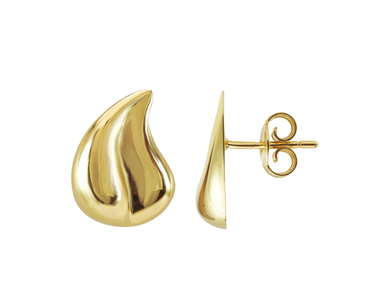 Boucles d'oreilles goutte d'eau bombées en or jaune 18 carats de 17 mm de hauteur avec poussettes de face et profil.