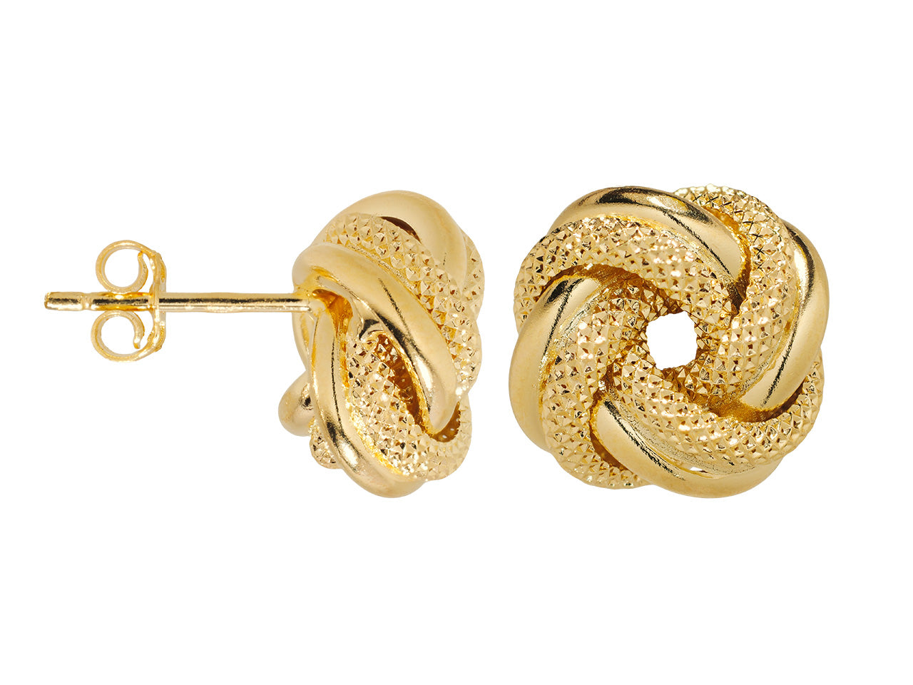 Paire de boucles d'oreilles nœud antillais en or jaune 14 carats, entrelacement de fils lisses et ciselés, diamètre 13mm.