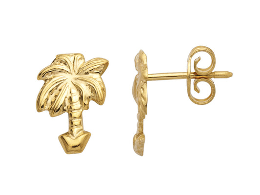 Paire de boucles d'oreilles puces en forme de palmier en or jaune 18 carats massif, dimensions 13 x 9 mm