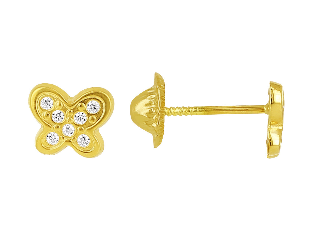 Puces d'oreilles papillon en or jaune 18 carats serties d'oxydes de zirconium avec fermoirs à vis sécurisés.