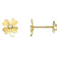 Paire de boucles d'oreilles trèfle à 4 feuilles en or jaune 18 carats avec oxyde de zirconium central et fermoir à vis de sécurité.