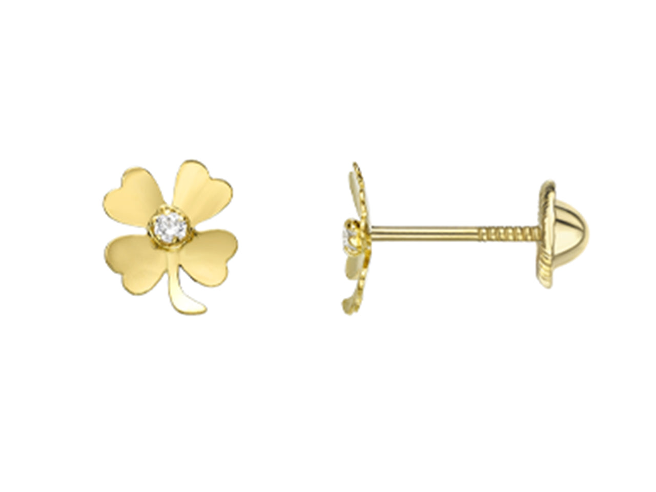 Paire de boucles d'oreilles trèfle à 4 feuilles en or jaune 18 carats avec oxyde de zirconium central et fermoir à vis de sécurité.