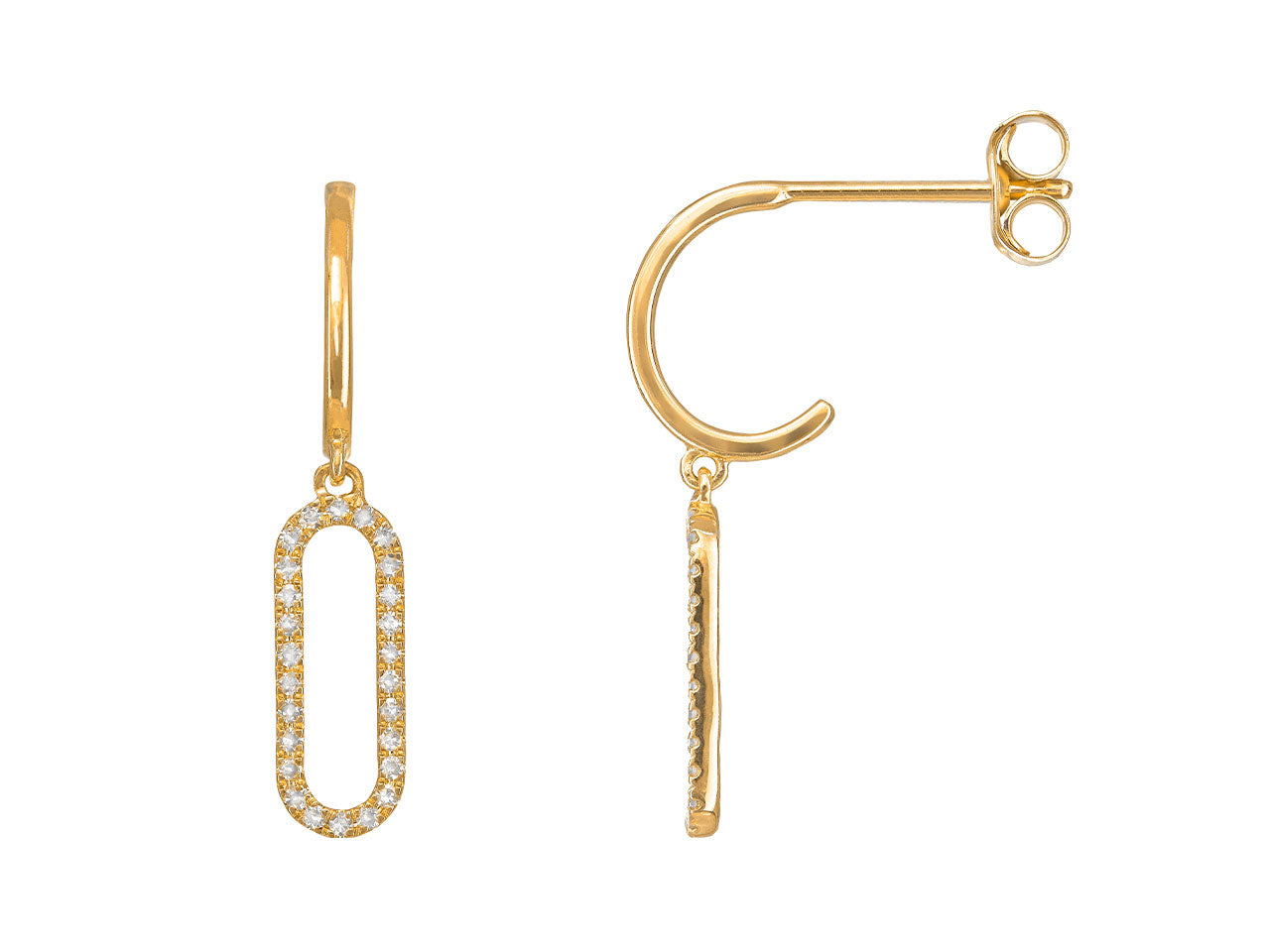 Paire de boucles d'oreilles pendantes femme en or jaune 18 carats avec motif rectangle serti de diamants