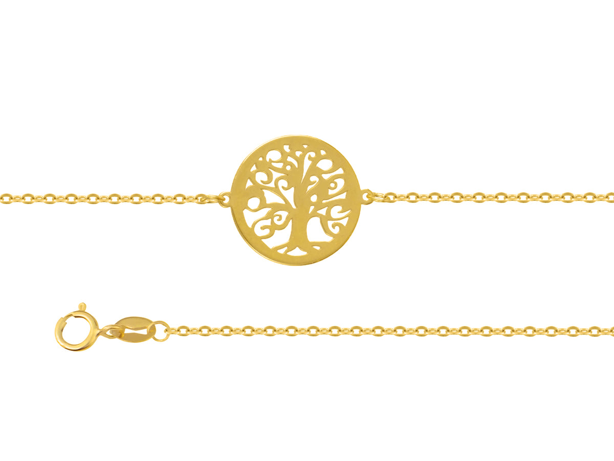 Bracelet chaîne en or jaune 18 carats avec pendentif central ajouré motif Arbre de Vie et fermoir anneau ressort.