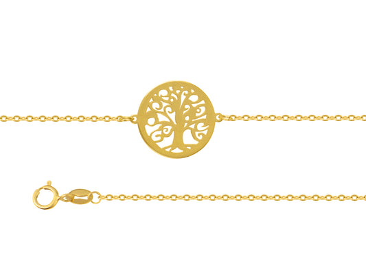 Bracelet chaîne en or jaune 18 carats avec pendentif central ajouré motif Arbre de Vie et fermoir anneau ressort.
