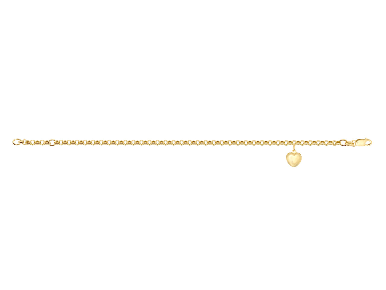 Bracelet en or jaune 14 carats pour femme avec maille jaseron de 3 mm et pampille en forme de cœur, ajustable 16-18 cm.