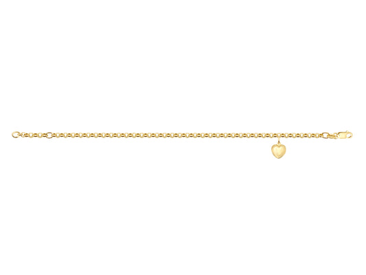 Bracelet en or jaune 14 carats pour femme avec maille jaseron de 3 mm et pampille en forme de cœur, ajustable 16-18 cm.