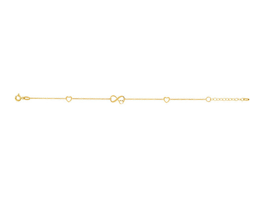 Bracelet chaîne en or jaune 18 carats avec symbole infini et motifs de coeurs ajourés avec anneau de réglage.