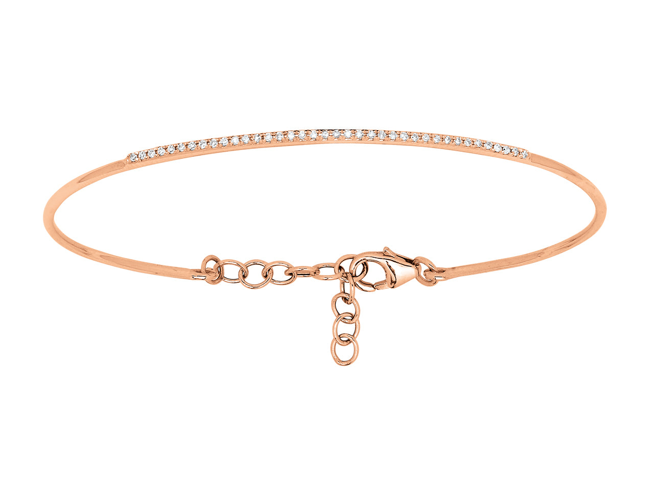 Bracelet jonc en or rose 18 carats avec barrette de diamants, chaîne de réglage et sécurité.