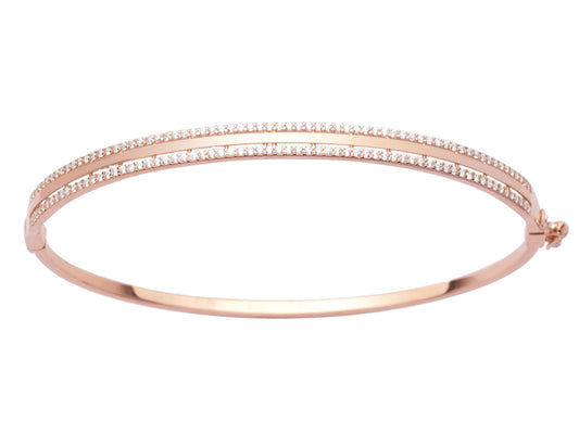 Bracelet jonc rigide en or rose 18 carats pour femme, face plate sertie de deux rangs d'oxydes de zirconium.