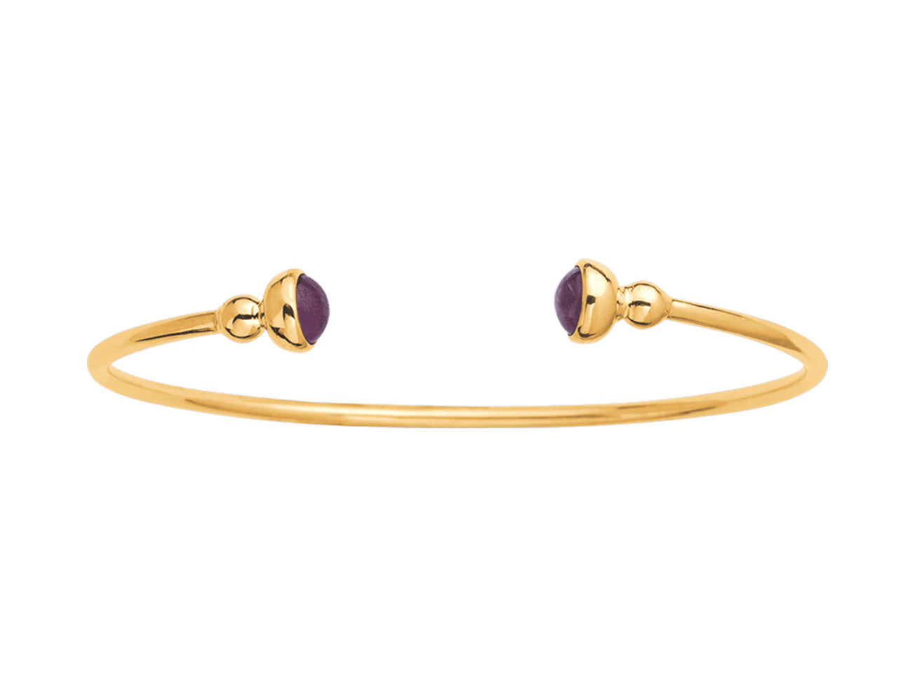 Bracelet jonc ouvert en or jaune 18 carats pour femme, serti de deux rubis en pierres naturelles, modèle ovale pour petit poignet.