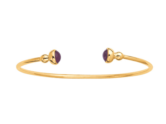 Bracelet jonc ouvert en or jaune 18 carats pour femme, serti de deux rubis en pierres naturelles, modèle ovale pour petit poignet.