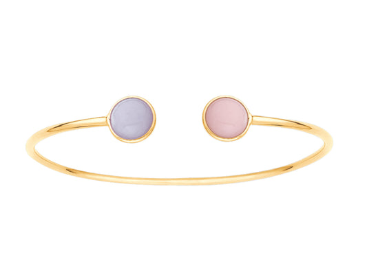 Bracelet jonc ouvert en or jaune 18 carats orné à ses extrémités d'un cabochon d'opale rose et d'améthyste.