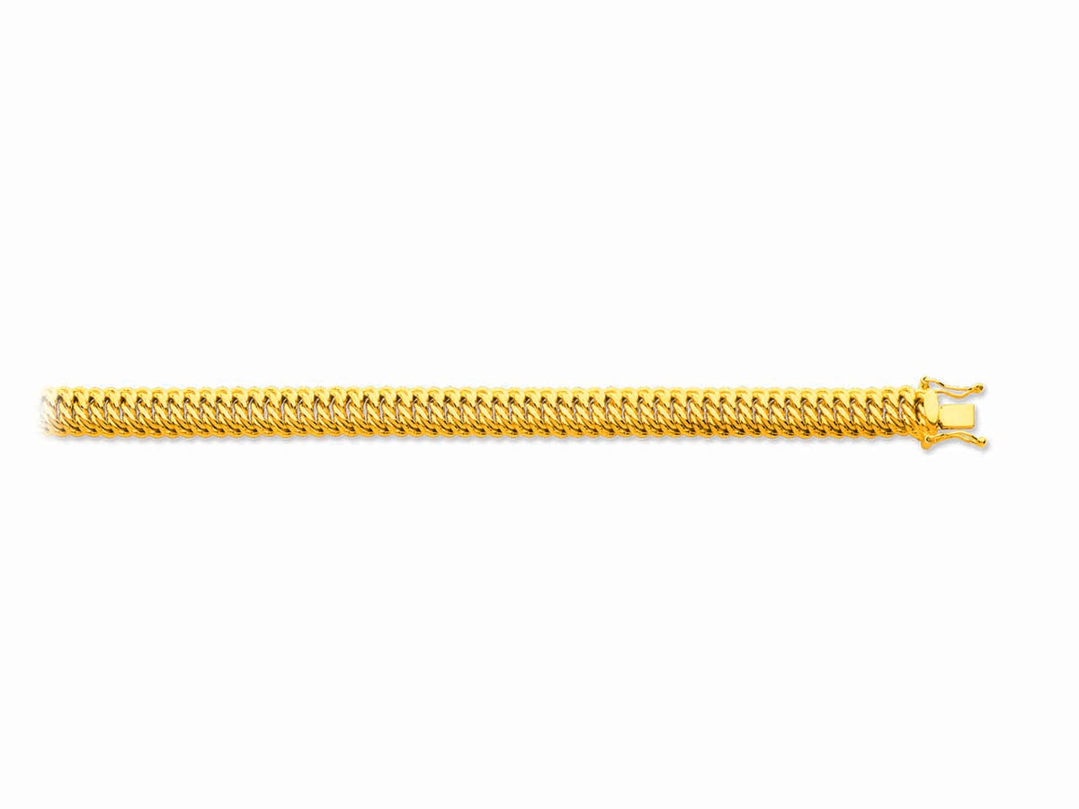 Bracelet maille américaine large et plate en or jaune 18 carats de 8 mm avec fermoir cliquet de sécurité.