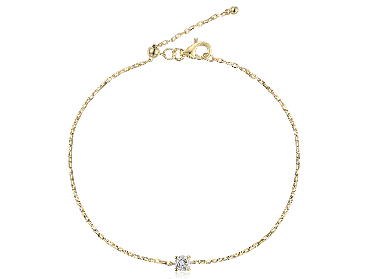 Bracelet chaîne maille forçat en or jaune avec diamant solitaire et système de réglage boule silicone.