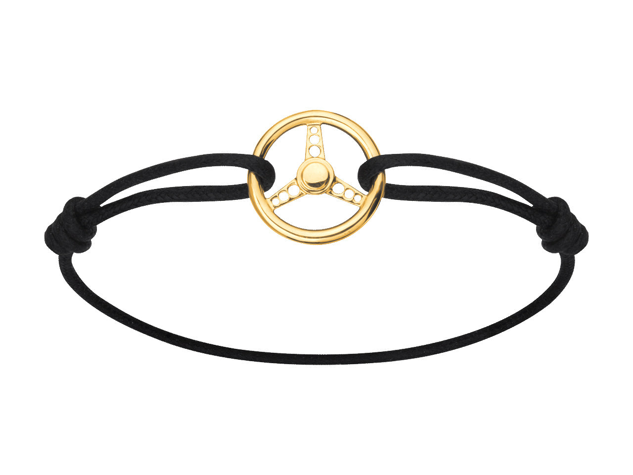 Bracelet cordon homme luxe noir avec motif central volant de sport automobile en or jaune massif 18 carats.