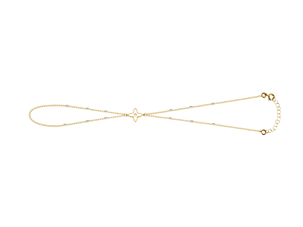Chaîne de main pour femme en or 18 carats avec motif floral et perles blanches, bijou de peau pur et raffiné.