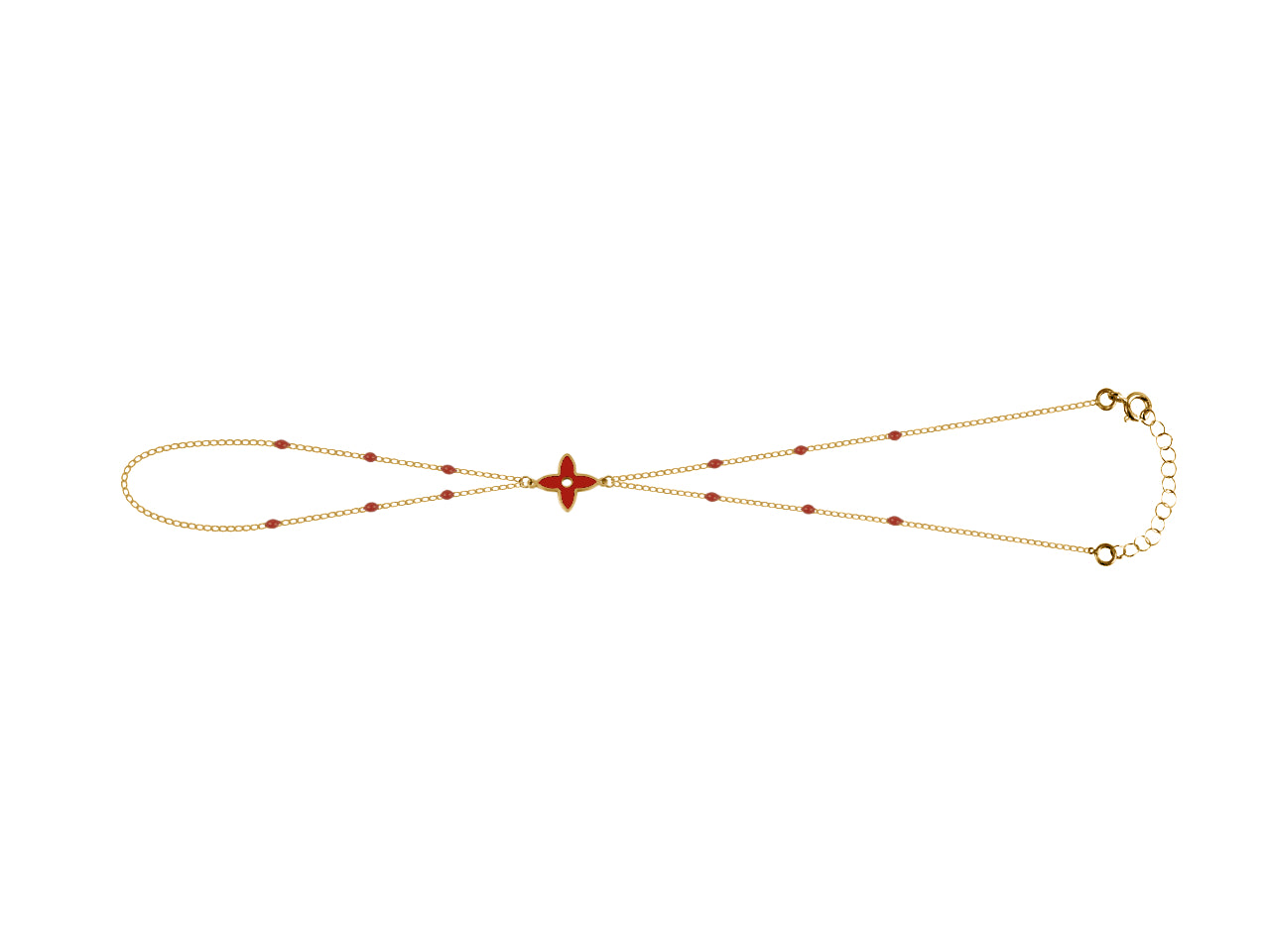 Passe-main en or jaune 18 carats avec fleur ajourée et touches de résine rouge, éclat précieux pour sublimer la gestuelle.
