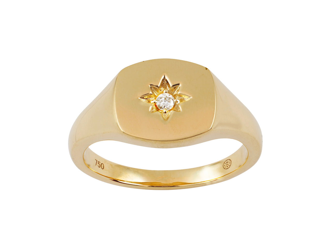 Chevalière en or jaune 18 carats massif pour femme avec plateau carré de 9 mm gravé d'une étoile du Nord et serti d'un diamant de 0,03 carat.