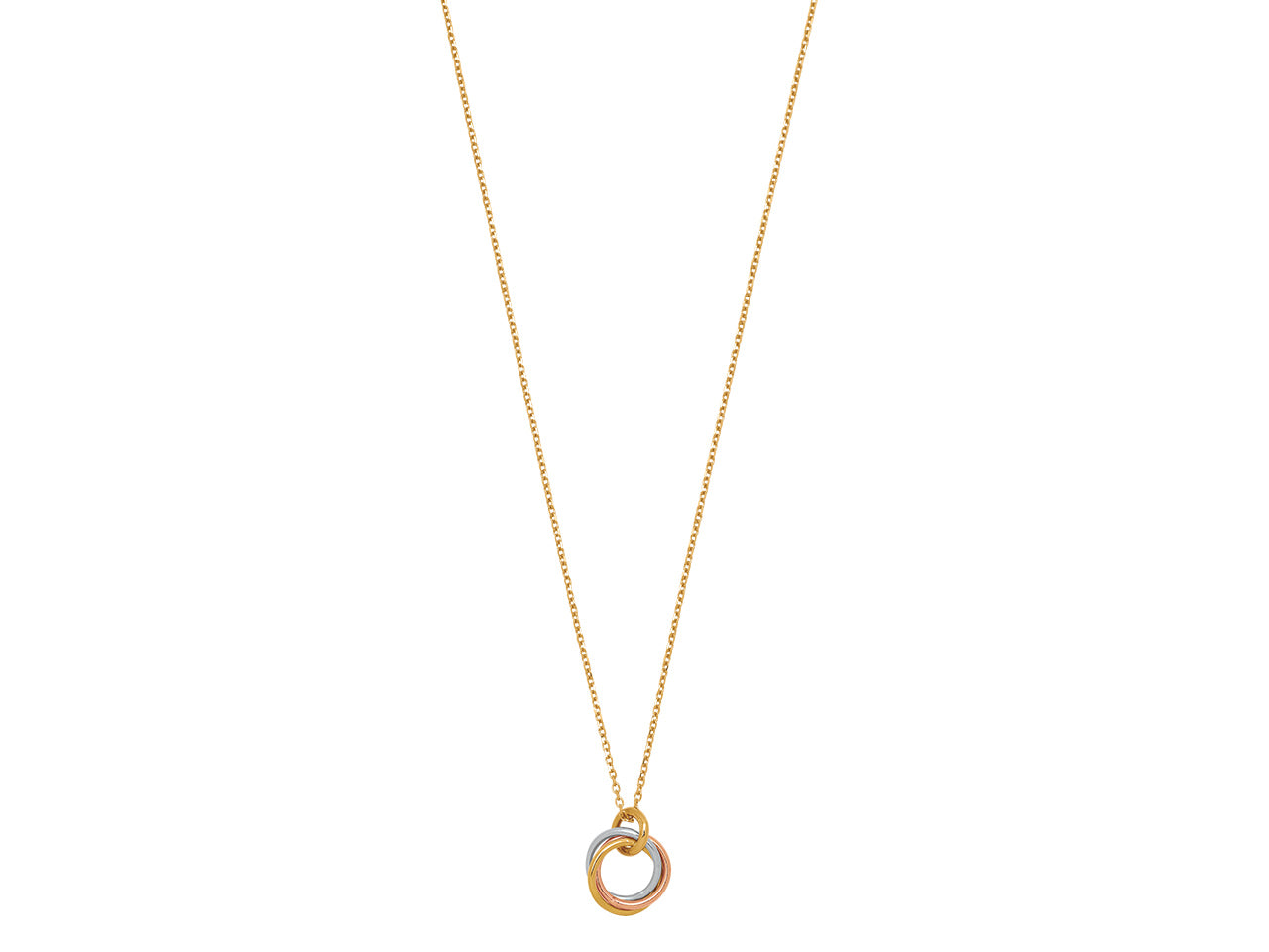 Collier en or jaune 18 carats avec pendentif de trois anneaux entrelacés en or jaune, or rouge et or gris.