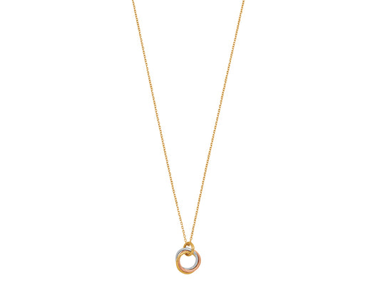 Collier en or jaune 18 carats avec pendentif de trois anneaux entrelacés en or jaune, or rouge et or gris.