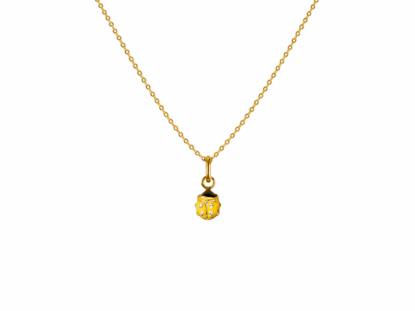 Collier pour jeune fille avec petite coccinelle jaune en or massif, longueur ajustable.