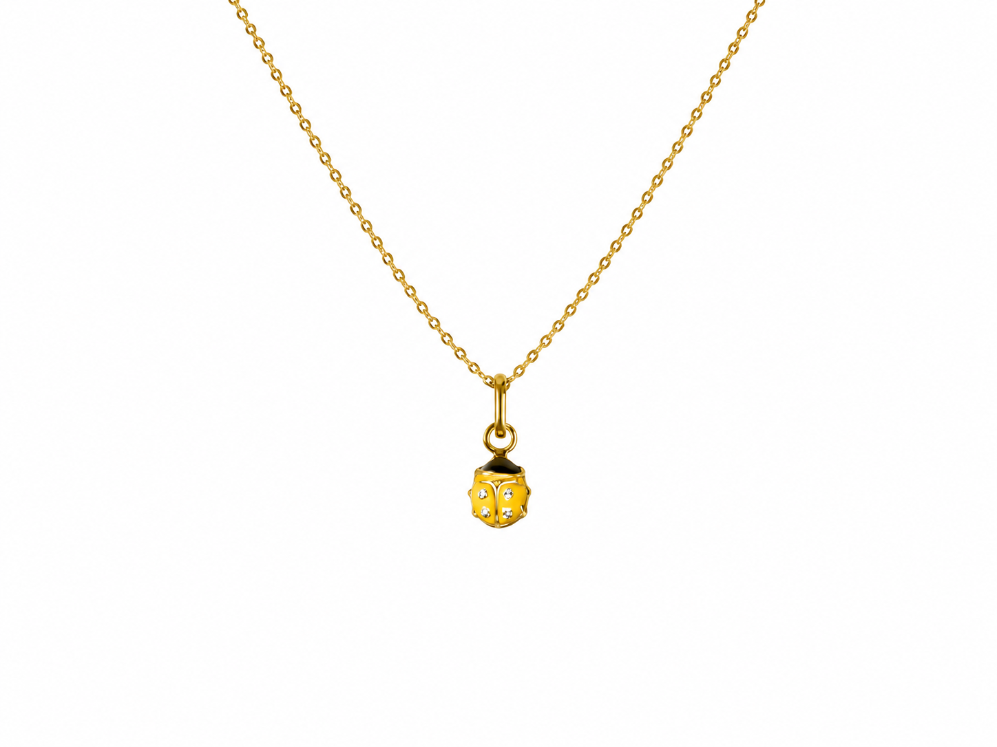 Collier pour jeune fille avec petite coccinelle jaune en or massif, longueur ajustable.