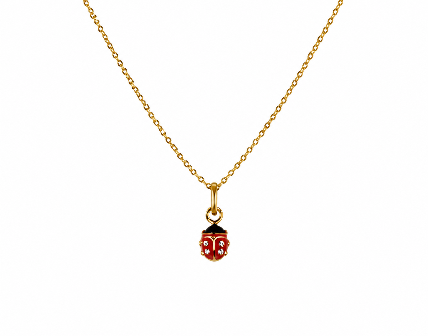 Collier pour enfant en or jaune 18 carats avec pendentif coccinelle rouge et zirconium.