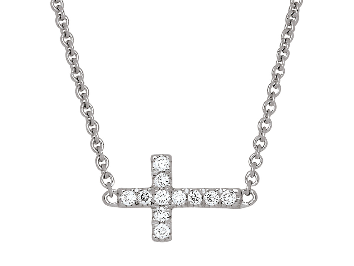 Collier ras-de-cou en or blanc 18 carats avec croix horizontale sertie de diamants naturels, maille forçat ajustable.