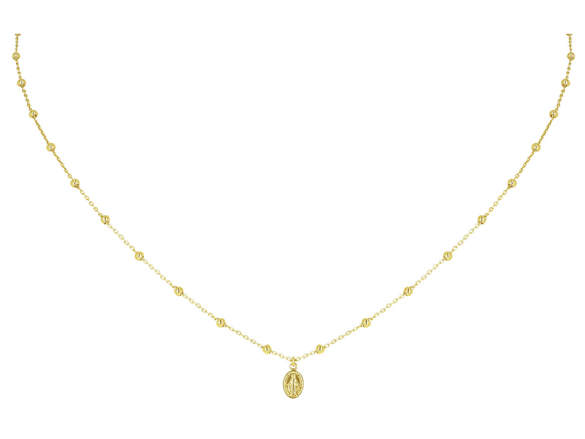 Collier religieux chaîne à boules en or jaune 18 carats avec petite pampille médaille de la Vierge Miraculeuse.