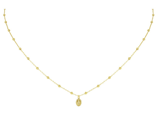Collier religieux chaîne à boules en or jaune 18 carats avec petite pampille médaille de la Vierge Miraculeuse.