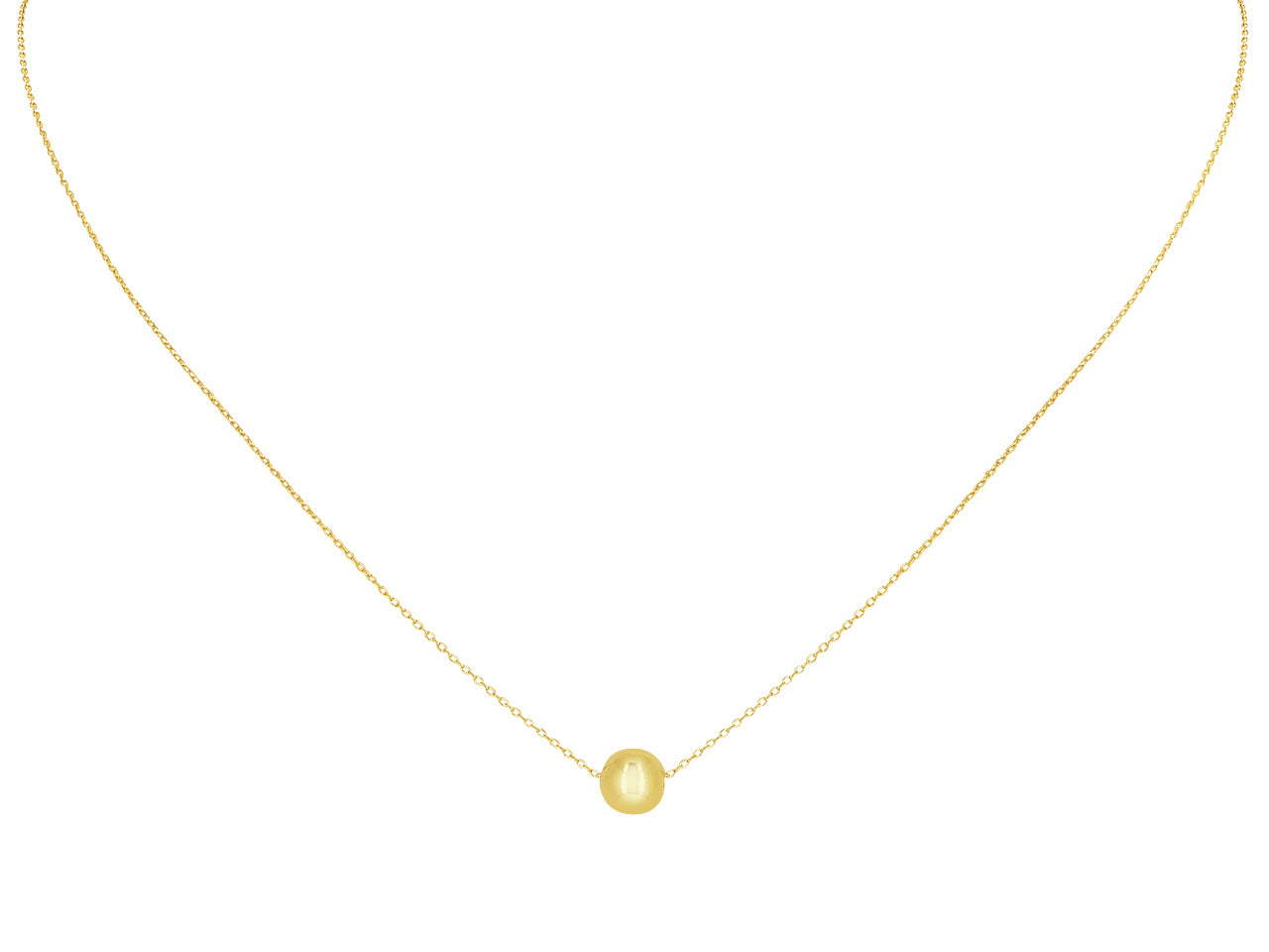Collier boule en or jaune 18 carats avec pendentif solitaire sur une chaîne fine.